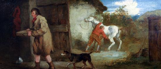 George Morland (1763-1804) Figures beside a stables 10 x 22.5in.